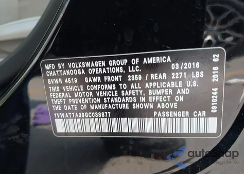 2016 Volkswagen Passat 1.8T S из США, поврежденный, VIN 1VWAT7A39GC038877